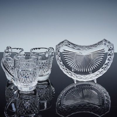 4pc Cut Crystal Jugs and Crescent Plate, Waterford & Val St. Lambert. Group of four cut crystal 