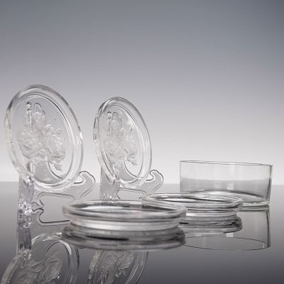 5pc Etched Crystal Rose Coasters with Holder. Set of five etched crystal coasters featuring a 
