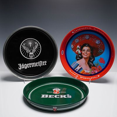 Group of 3 Branded Metal Bar Trays: Jagermeister, Corona Extra, & Beck's. A trio of 