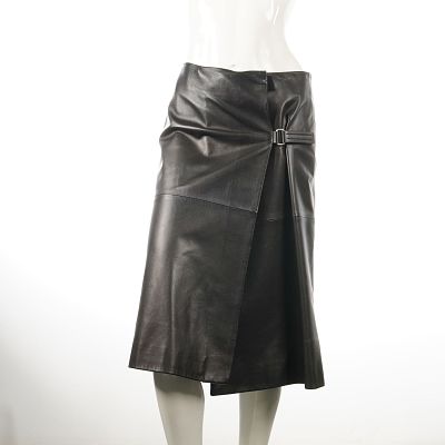 Prada Italy Black Leather Flared Wraparound Skirt w/ Side Buckle. Prada Milano luxury soft 