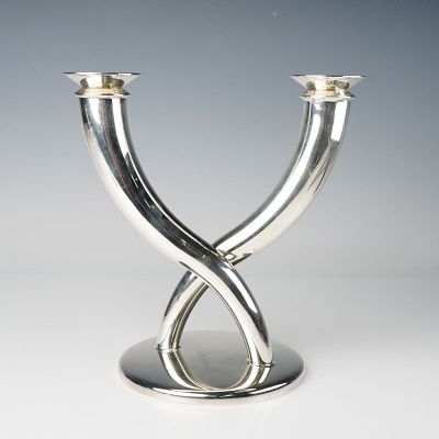 A Gio Ponti for Christofle Silverplated Two-Light Candelabra. A single silverplated two-light 