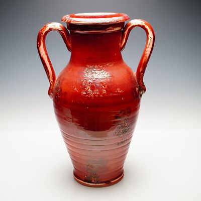 Large Italian Red Glazed Pottery Amphora Vase. Large Tuscan pottery amphora vase with a rich 