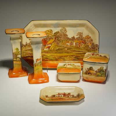 6pc Royal Doulton Seriesware Countryside Pattern D3634 Vanity Set. This 6pc Royal Doulton 