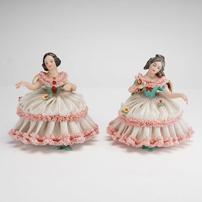 2pc Frankenthal Wessel Porcelain Lace Figurines. Each figure depicts a woman seated in a 