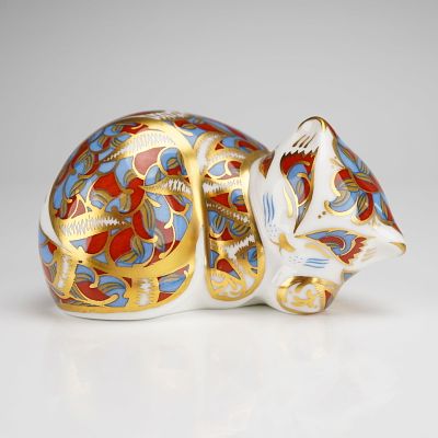 Royal Crown Derby Paperweight, Catnip Kitten. The piece is modeled in a curled, sleeping 