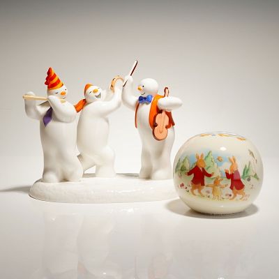 2pc Coalport The Snowman Figurine and Royal Doulton Money Bank. Two-piece ceramic collection 