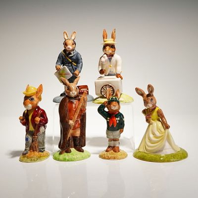 6pc Royal Doulton Bunnykins and Lann-kins Ceramic Figurines. A collection of six anthropomorphic 