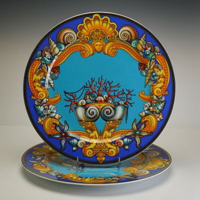 Pair of Rosenthal Versace Porcelain Chargers, Les Tresors de la Mer. This pair of porcelain 