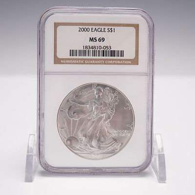 2000 American Silver Eagle Type 1 Dollar NGC Graded MS 69. Certified and encapsulated by the 