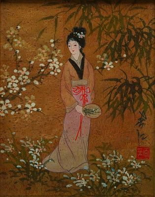 Framed East Asian Geisha Painting Late 20th Century. A single framed East Asian-style painting 