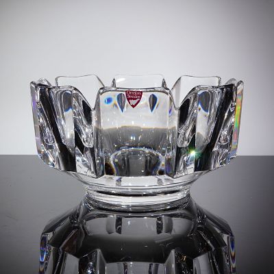 Orrefors Crystal Corona Bowl by Lars Hellsten. A single crystal centerpiece bowl manufactured by 