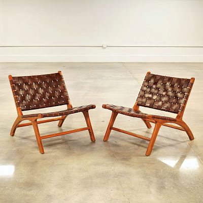 Pair of Olivier De Schrijver Teak and Woven Leather Relax Chairs, Miami. A pair of Olivier De 