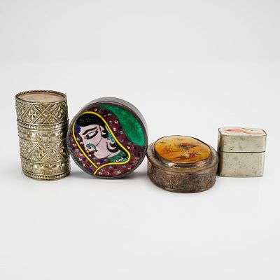 4pc Silver-Plated Hand-Painted Pill Boxes. A collection of decorative silver-plated pill/snuff 