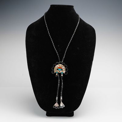 Zuni Sunface Multi Stone Inlay Sterling Silver Bolo Tie. This Zuni bolo tie featuring mother of 
