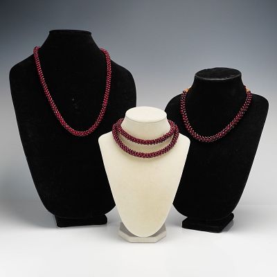 3pc Red Garnet Woven Rope Cluster Bead Necklaces. A trio of necklaces composed of small 