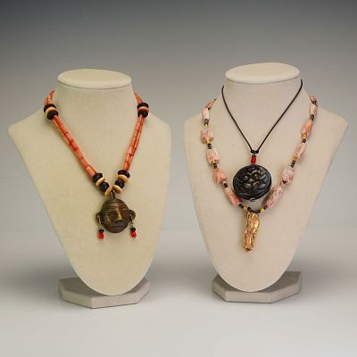 3pc Asian and Tribal Beaded Pendant Necklaces. A collection of three necklaces featuring 