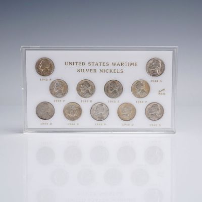 1942 to 1945 United States Wartime Silver Nickels Collection. A complete set of ten Jefferson 