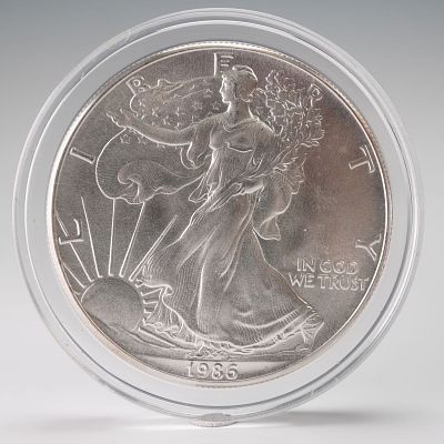 1986 American Silver Eagle 1 Dollar Coin. Adolph A. Weinman's iconic Walking Liberty design 