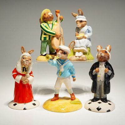 5pc Royal Doulton Bunnykins Judge Little Boy Blue Little Miss Muffet. A collection of five Royal 
