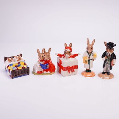 Collection of 5 Royal Doulton Bunnykins Polychrome Figurines. A collection of five Royal Doulton 