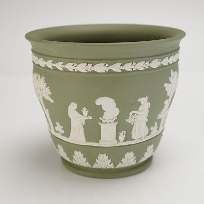 Wedgwood Sage Green Jasperware Neoclassical Vase. The body is finished in sage green and 