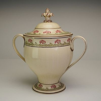 Wedgwood Creamware Double-Handled Covered Floral Motif Vase. A glazed cream-colored 