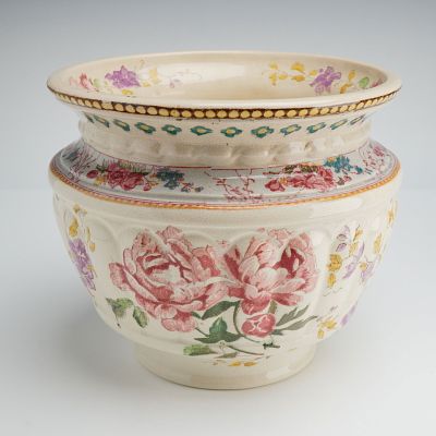 Wedgwood Creamware Polychrome Floral Jardiniere, circa 1880. This creamware earthenware vessel 
