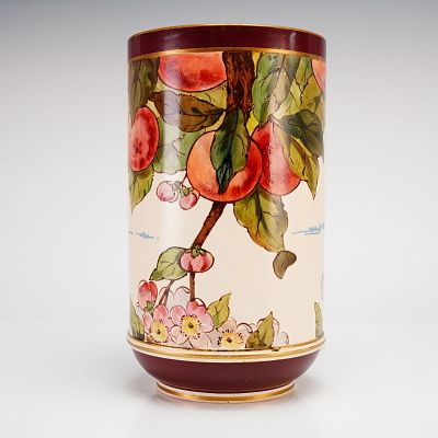 Wedgwood Creamware Vase with Enamel Fruit Motif, c. 1880. This cylindrical Wedgwood creamware 