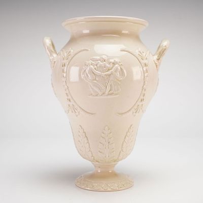 Wedgwood Queensware Double Handled Vase with Neoclassical Relief. A Wedgwood Queensware glazed 