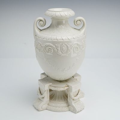 Wedgwood Queensware White Glazed Urn Vase on Pedestal. Queensware creamware vase and matching 