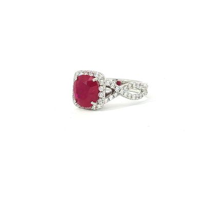18K White Gold, 2.15ct Burma Ruby and 0.50ctw Diamond Ring. The center features a cushion-cut 