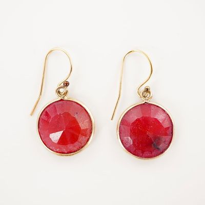 14K Gold Filled Ruby Glass Earrings. Round faceted red glass set in gold filled bezels, each 