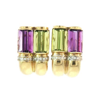 18K Gold Diamond Purple and Green Amethyst Clip Earrings. A pair of yellow gold clip earrings 