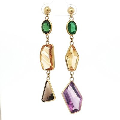 18K Multi Gemstone Dangle Earrings. A pair of yellow gold dangling earrings featuring a mix of 