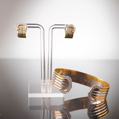 18K Tri-Color Gold Diamond Double C Open Cuff Bracelet and Earrings. This open cuff bracelet is 