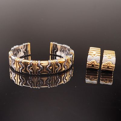 18K Two-Tone Gold Parentesi Style Cuff Bracelet and Earrings. A three piece set comprising a 