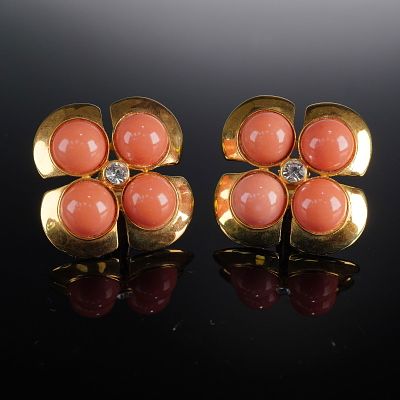 A Pair of Valentino Gold-Toned Pink Coral Cabochon and Crystal Clip-On Earrings. A pair of 