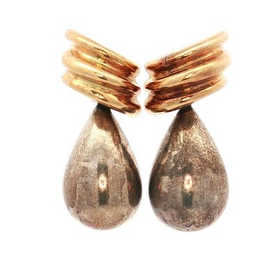 Pair of 18K Gold and Sterling Silver Bayanihan Tear Drop Earrings. A pair of Bayanihan tear drop 