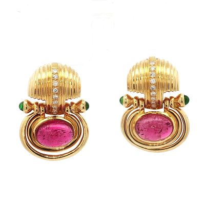 Pair of 18K Gold Earrings w/ Diamonds, Emeralds & Tourmaline Cabochons. Luxurious 18 K yellow 
