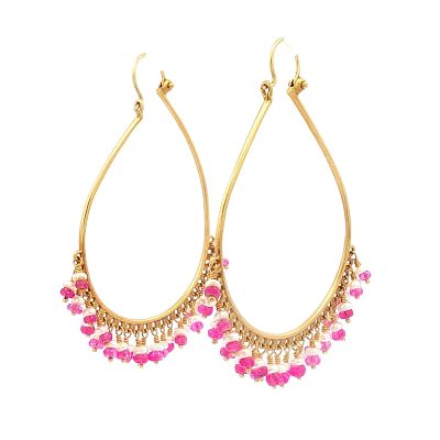 Pair of 18K Gold Fringed Hoop Earrings w/ Saffire & Pearl Beads. A pair of gold hoop earrings in 