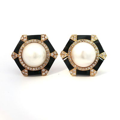 Pair of 18K Gold Mabe Pearl and 1.00ctw Diamond Earrings. These are hexagonal shaped chip 