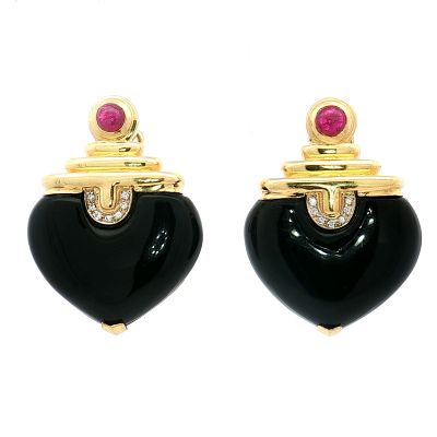 Pair of 18K Gold, Diamonds, Ruby & Onyx Dangle Earrings. A pair of luxurious 18K gold dangle 