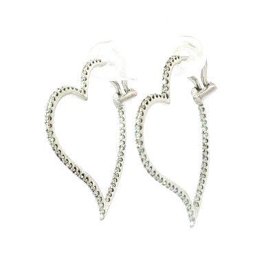 Pair of Estate 18K White Gold and Diamond Heart Shaped Hoop Earrings. These heart-shaped hoop 