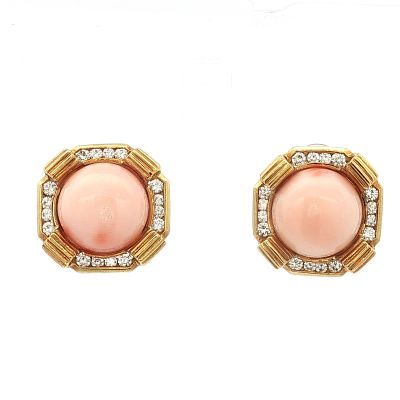 Pair of La Triomphe 18K Gold, Coral & Diamond Earrings. An elegant pair of La Triomphe angel 