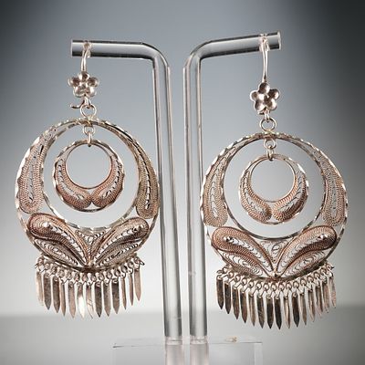 Pair of Sterling Silver Filigree Drop Earrings. A pair of sterling silver circular drop earrings 