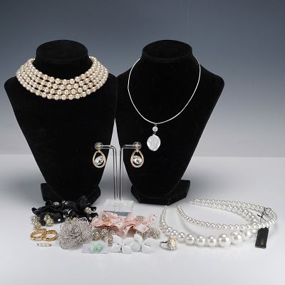 17pc Costume Jewelry, Earrings, Necklaces, Brooches, and Faux-Pearl Hair Accessories. A 