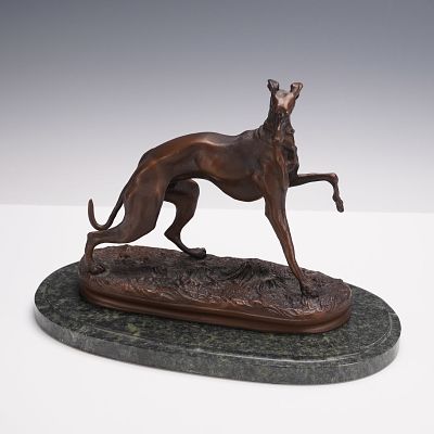 P.J. Mene (Aft.) Bronze Greyhound Sculpture on Marble Base. A finely cast bronze sculpture of a 