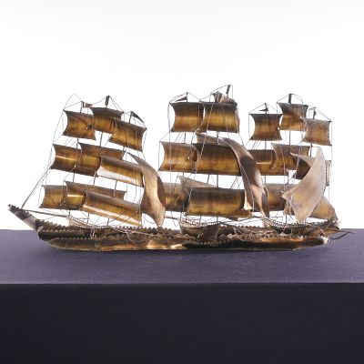 Brass and Copper-Toned Alloy Sailing Ship Sculpture, In the Style of Curtis Jere. This 