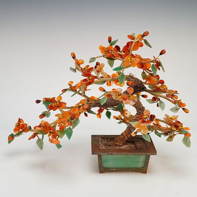 Chinese Carved Hardstone and Jade Oriental Ornamental Bonsai Treasure Tree in Planter. This 