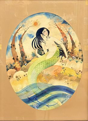 Mark Paul (20th Century), Mermaid in a Stylized Landscape, (Signed and Dated 1976). Mark Paul 